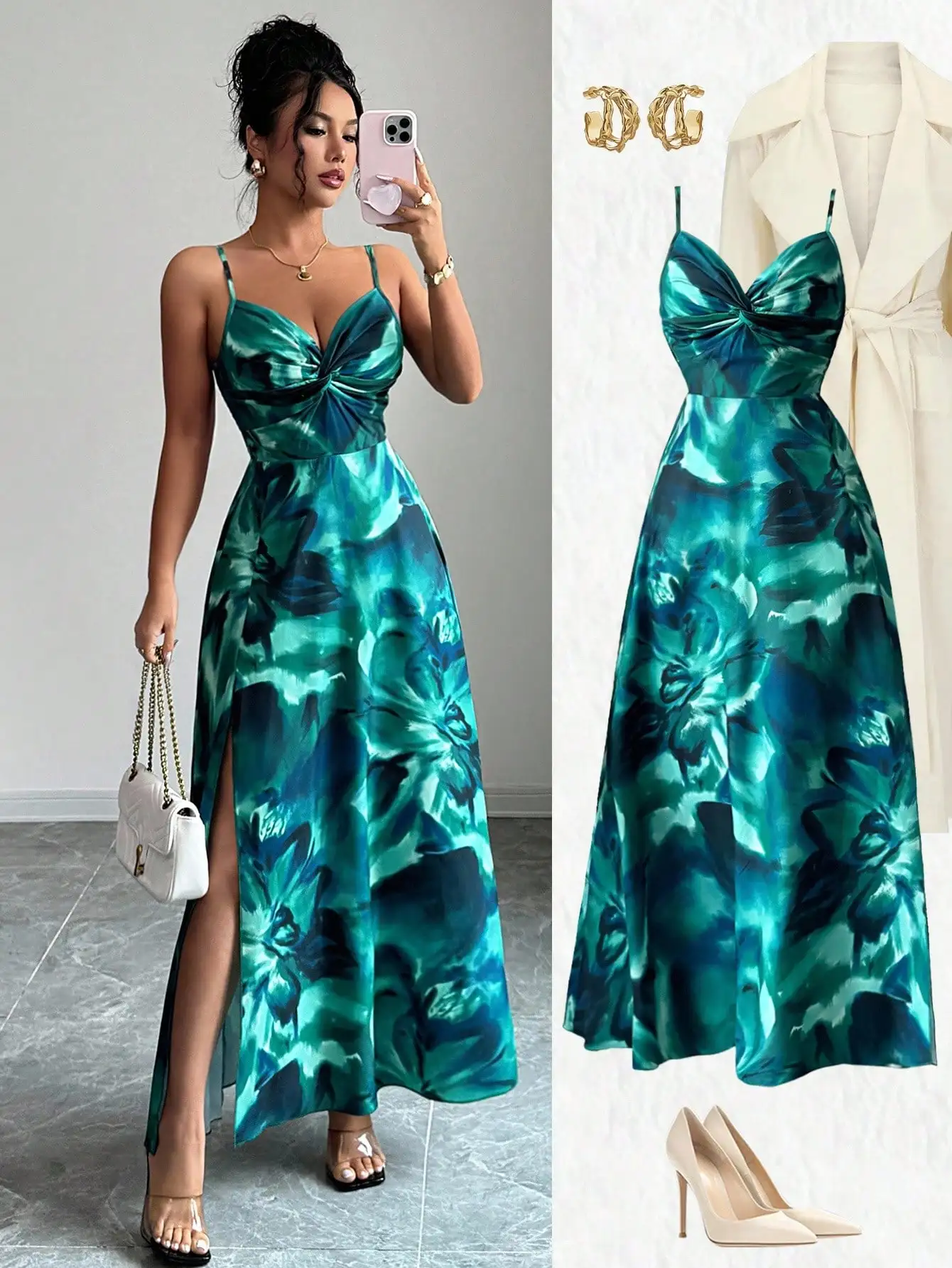 

Emerald Floral Print Maxi Dress with Twist Front, Spaghetti Straps & Side Slit