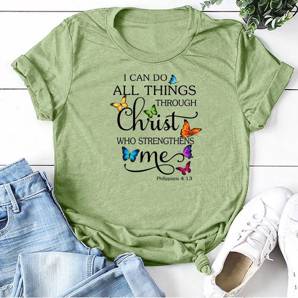 Seeyoushy Butterflies I Can Do All Things Philippians 4:13 Printing T-shirts Women Tshirt Women Casual Tops for Women Ropa Mujer