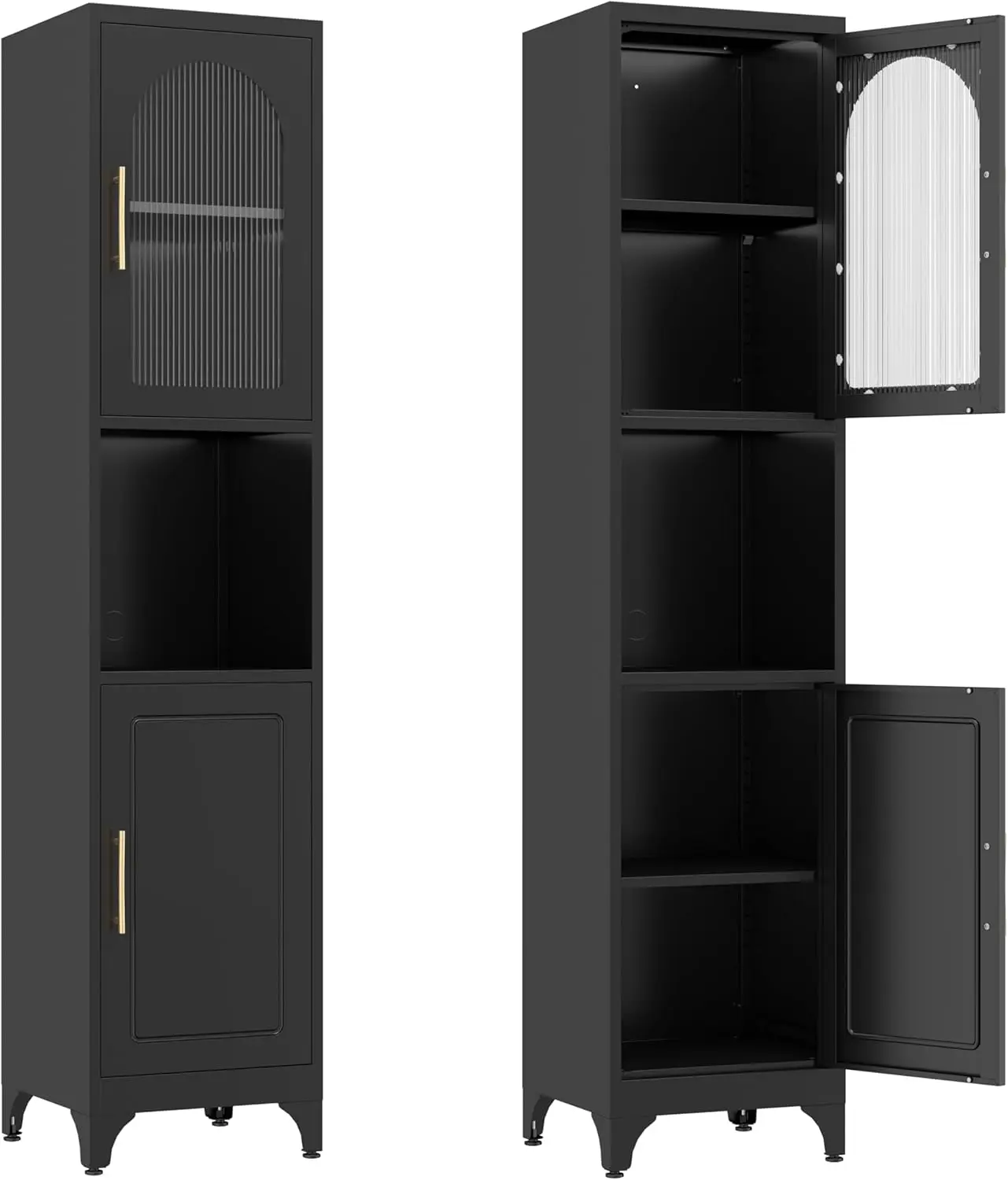 Mueble de baño estrecho negro de 75' con 2 puertas y estantes ajustables, almacenamiento de metal independiente para cocina, sala de estar, entrada