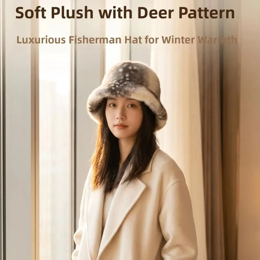 Windproof Fur Bucket Hat Deer Print Ear Flaps Fishing Hat Warm Lining Versatile Fit Ear Protection Hat Daily Casual