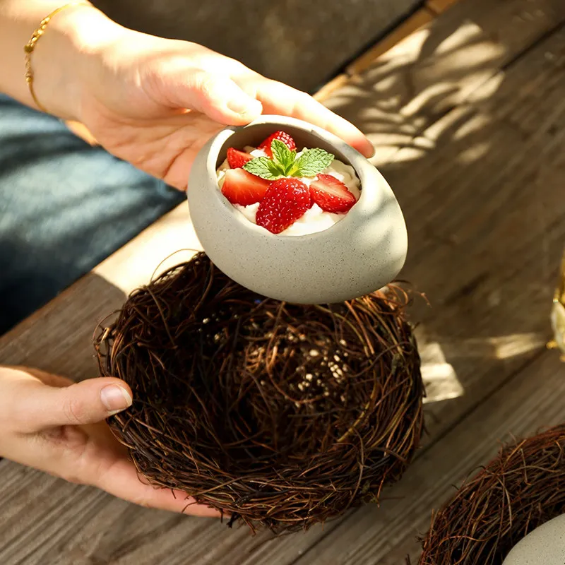 Creative Bird Nest Eggshell Ceramic Bowl Vintage Abstract Art Fruit Salad Plate Home Dessert Steamed Egg Bowl Kitchen Tableware