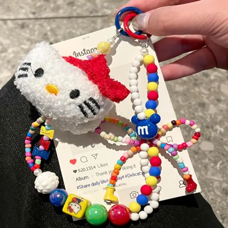 2025 Cartoon Kawaii Sanrio Hello Kitty Keychain Couple Backpack Pendant Children's Anime Plush Toy Beaded Pendant Holiday Gift