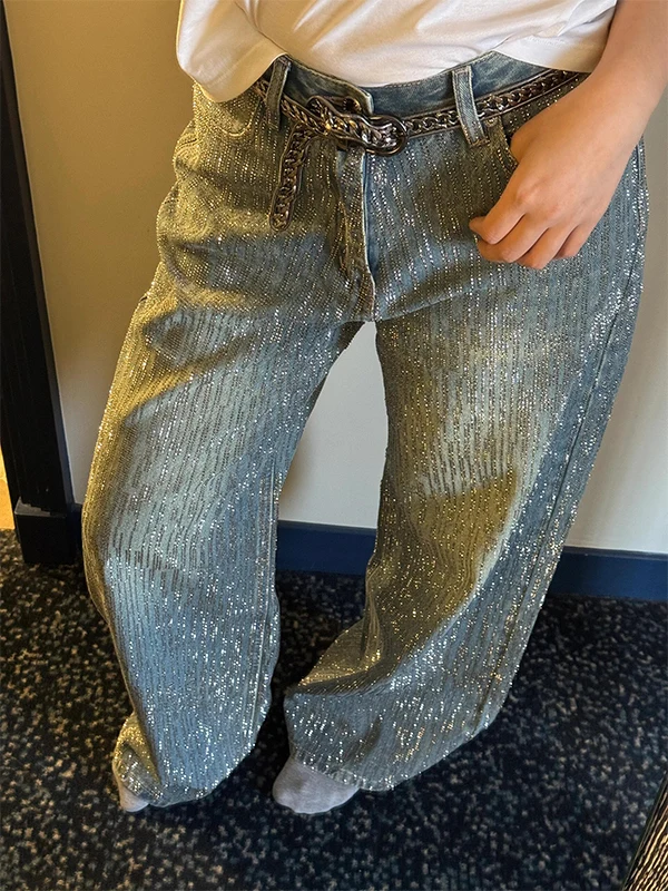 

American Heavyweight Design Diamond Denim Jeans Women's Spring Summer New Retro Star Wide Leg Long Pants Casual High Waist Jeans