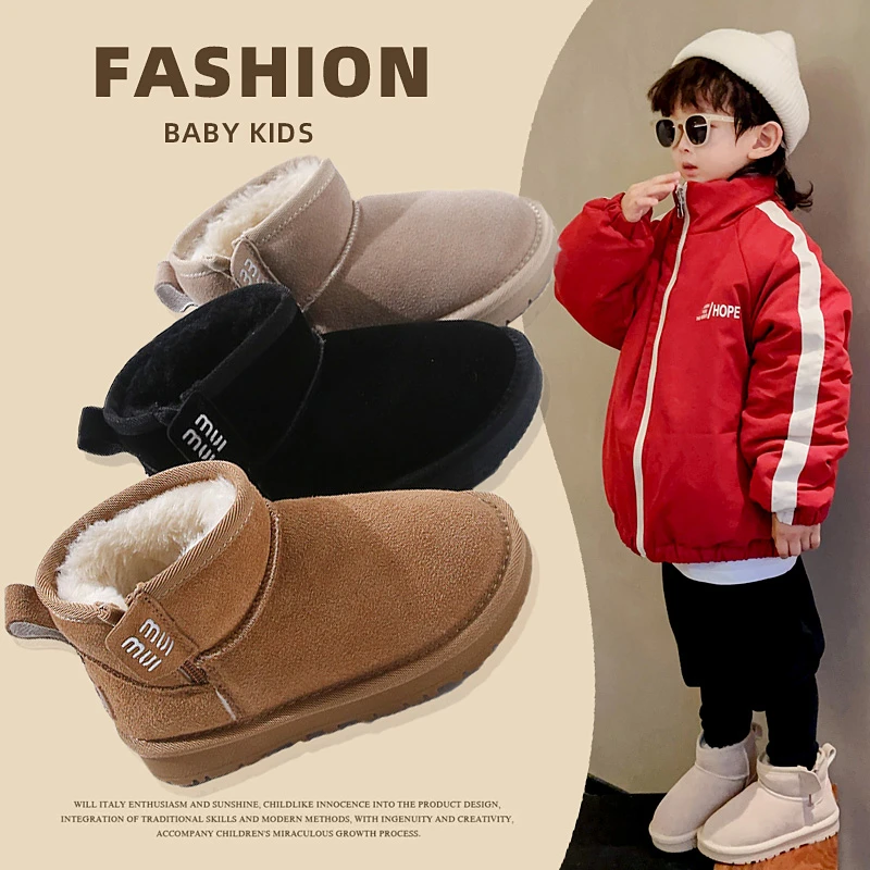 Children's Snow Boots 2024 Winter New Boys Keep Warm Boots Genuine Leather Anti Slip Matte Girls Cotton Shoes 3 -15 Years Old