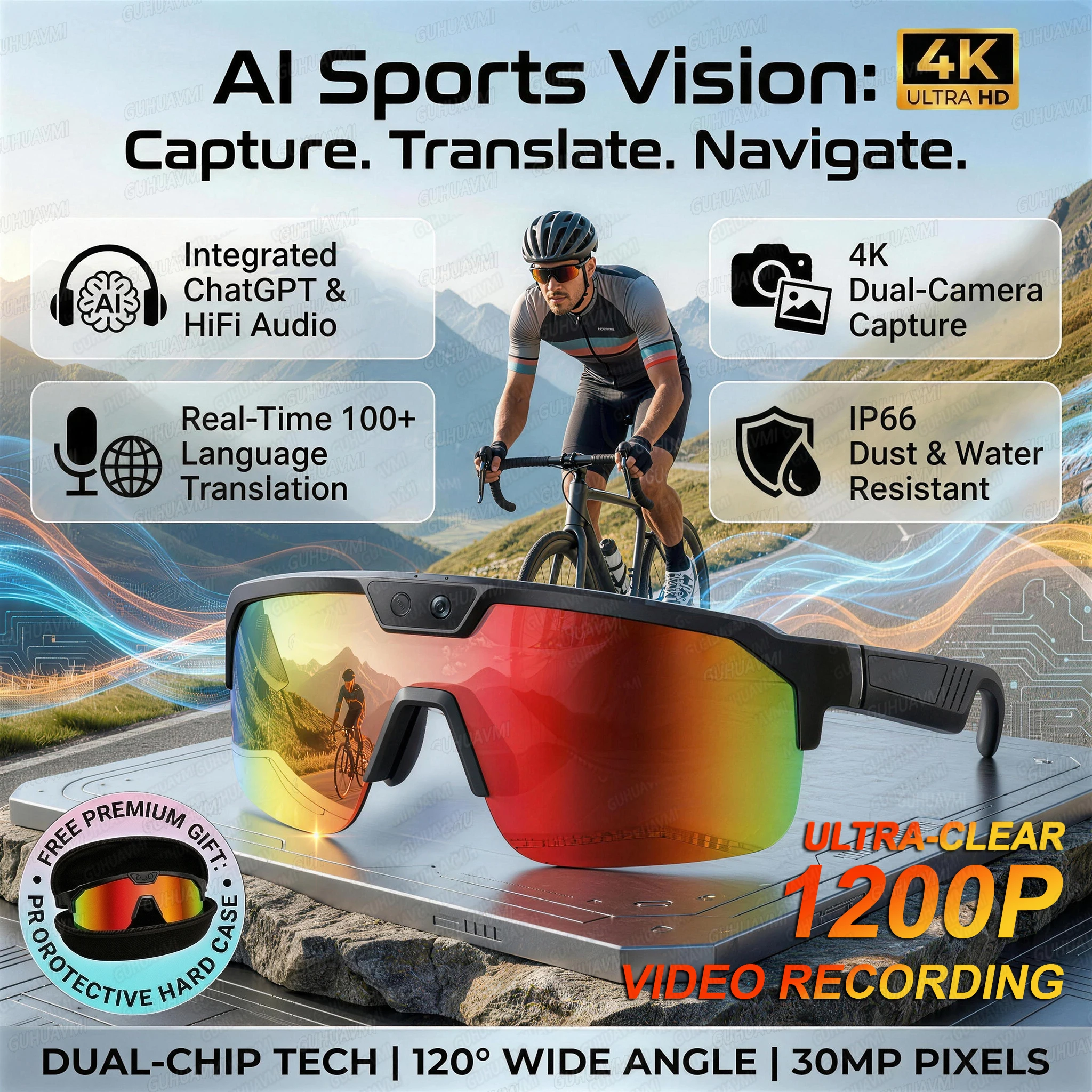 New AI Smart Glasses Camera 1200P Video 4K Anti-shake Cycling Ridi Sports glasses Translation ChatGPT Dual Mic Windproof Goggles