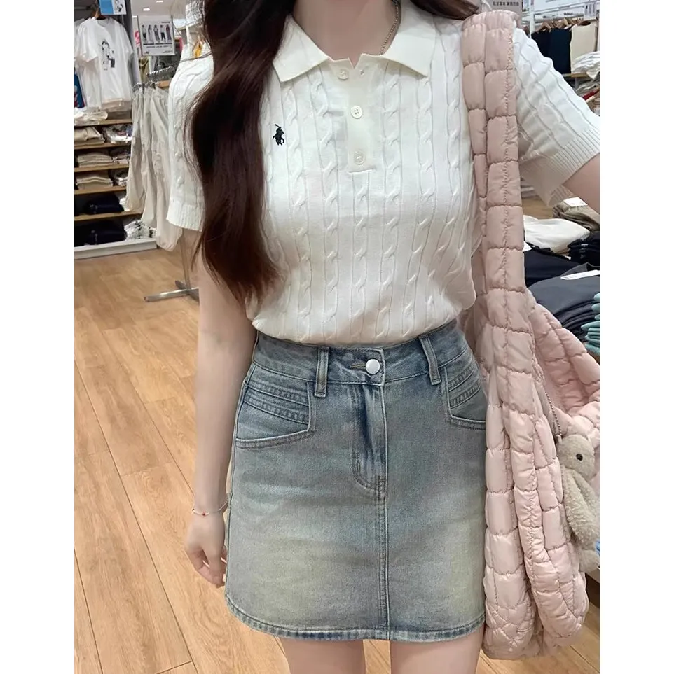 

Джинсовая юбка с высокой талией для женщин больших размеров, скрывающая живот, А-силуэт, весенняя, износостойкая, с внутренними пуговицами и карманами