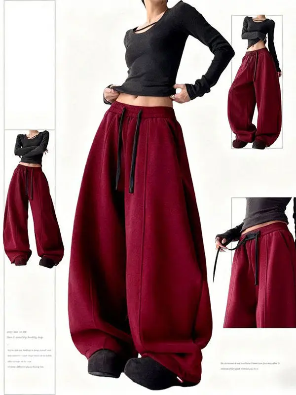 

High Waist Wide Leg Pants for plus Size Women Fleece Lined Drapey Style Red Color for New Year Casual Wear Comfortable Fit