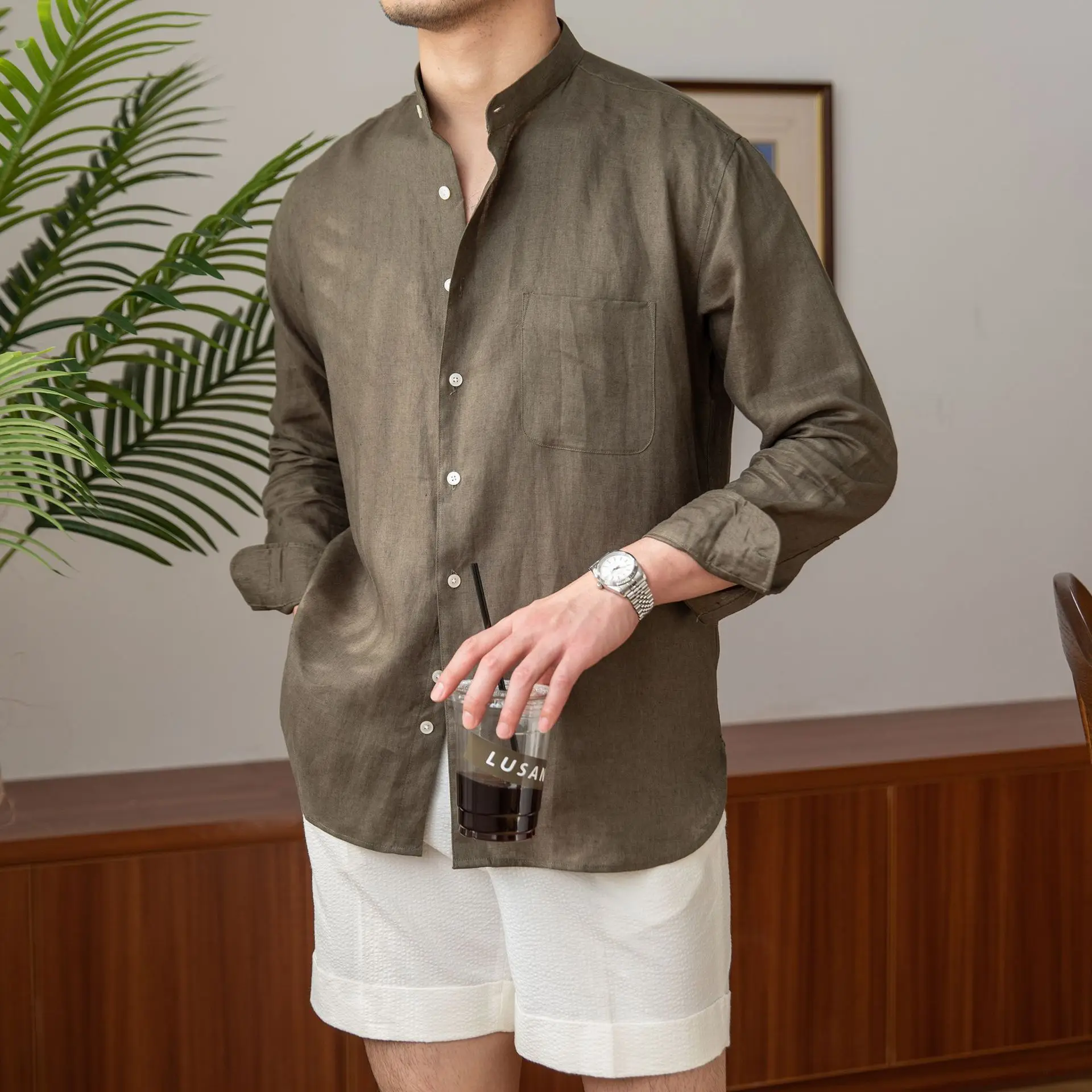 

Men's Solid Color Stand Collar Long Sleeve Casual Daily Trendy Simple Basic Linen Shirts Male New Fashion Henry Collar Clothes