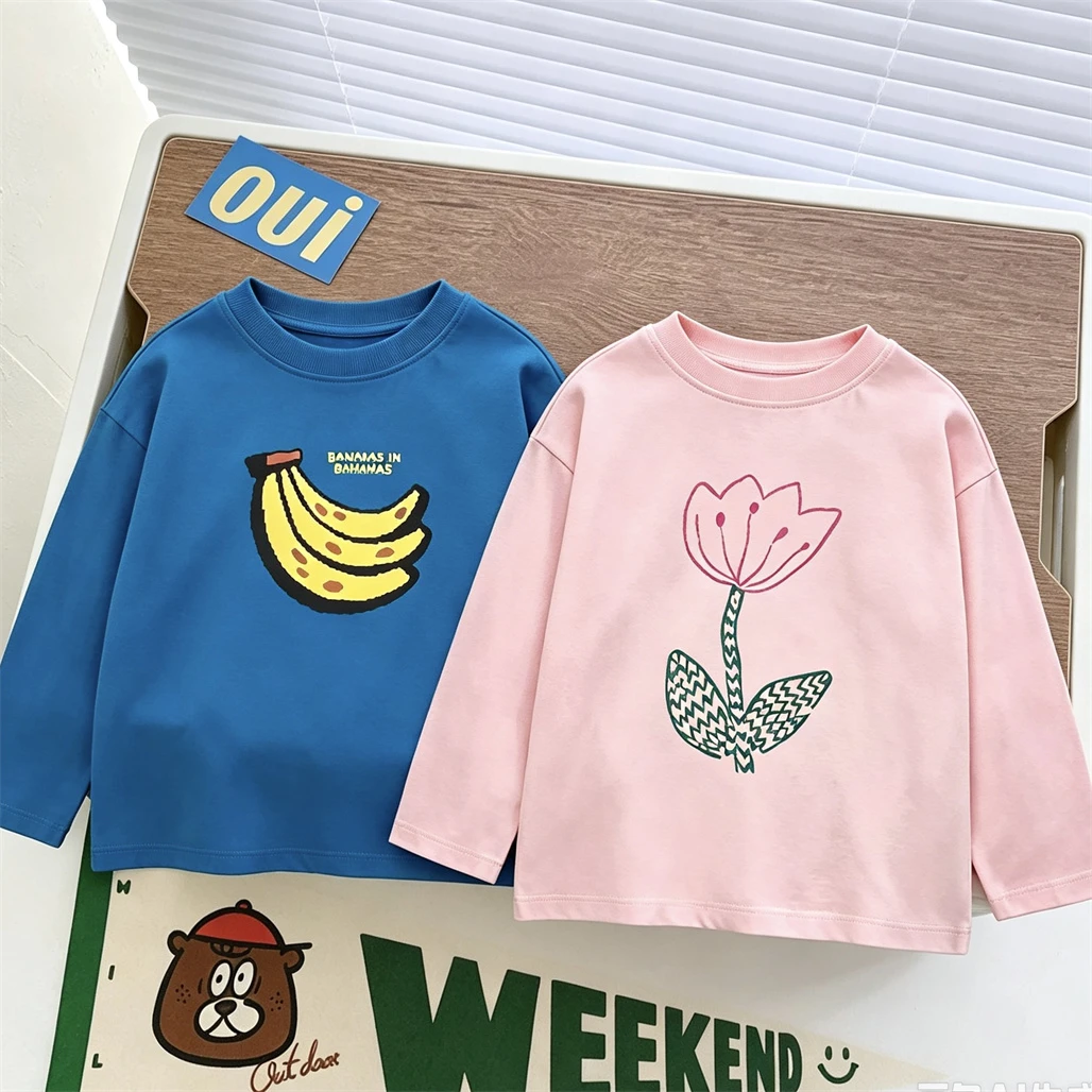 Long Sleeve Tshirt Banana Lemon Print Tops Casual Sports Base Shirt Thin Pure Cotton Clothing Toddler New Design Print Tees