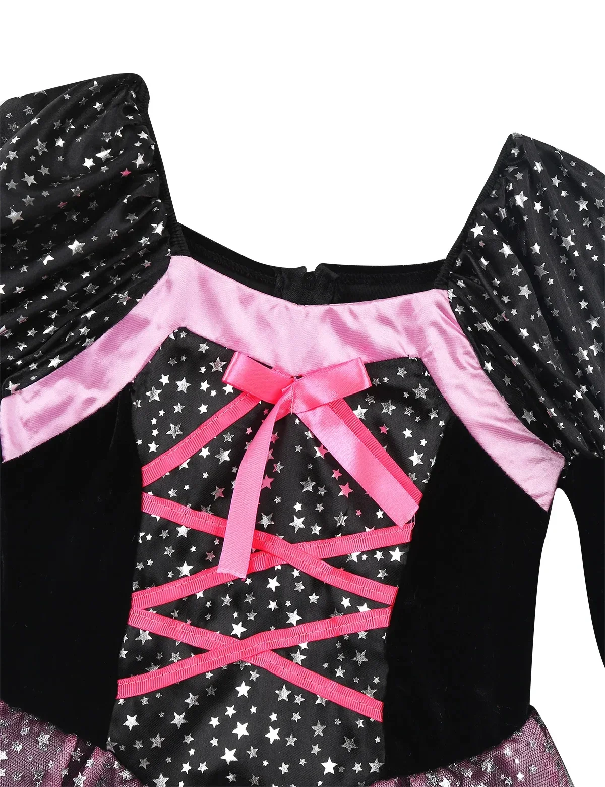 Mädchen Glitzer-Stern-Hexenkleid mit Langen Ärmeln, Unregelmäßigem Netzstoff und Vollständigem Zubehör für Halloween-Partys und Kinder-Cosplay – Detail 9