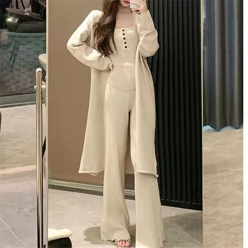 Autumn Winter Women Three Piece Suit Solid Long Sleeve Cardigan Coat And Knitted Vest Tops + High Waist Wide Leg Pant Sets 2025