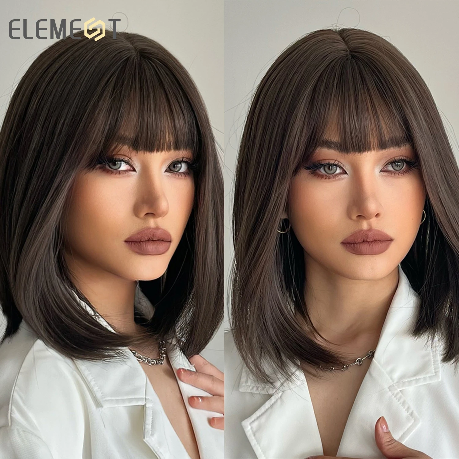 ELEMENT-Peluca de pelo corto con flequillo para mujer, pelo corto de fibra sintética, color marrón oscuro, liso, para fiesta, resistente al calor