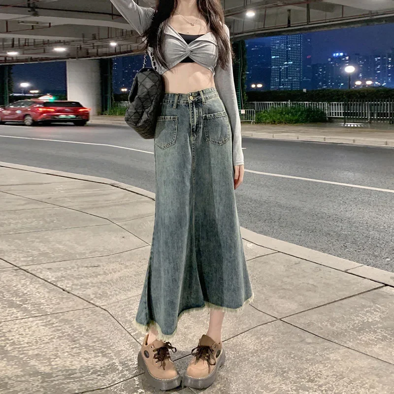 

Джинсовая юбка с завышенной талией в корейском стиле. Новое модное дизайнерское платье «рыбий хвост» с высокой талией для женщин весной и летом.