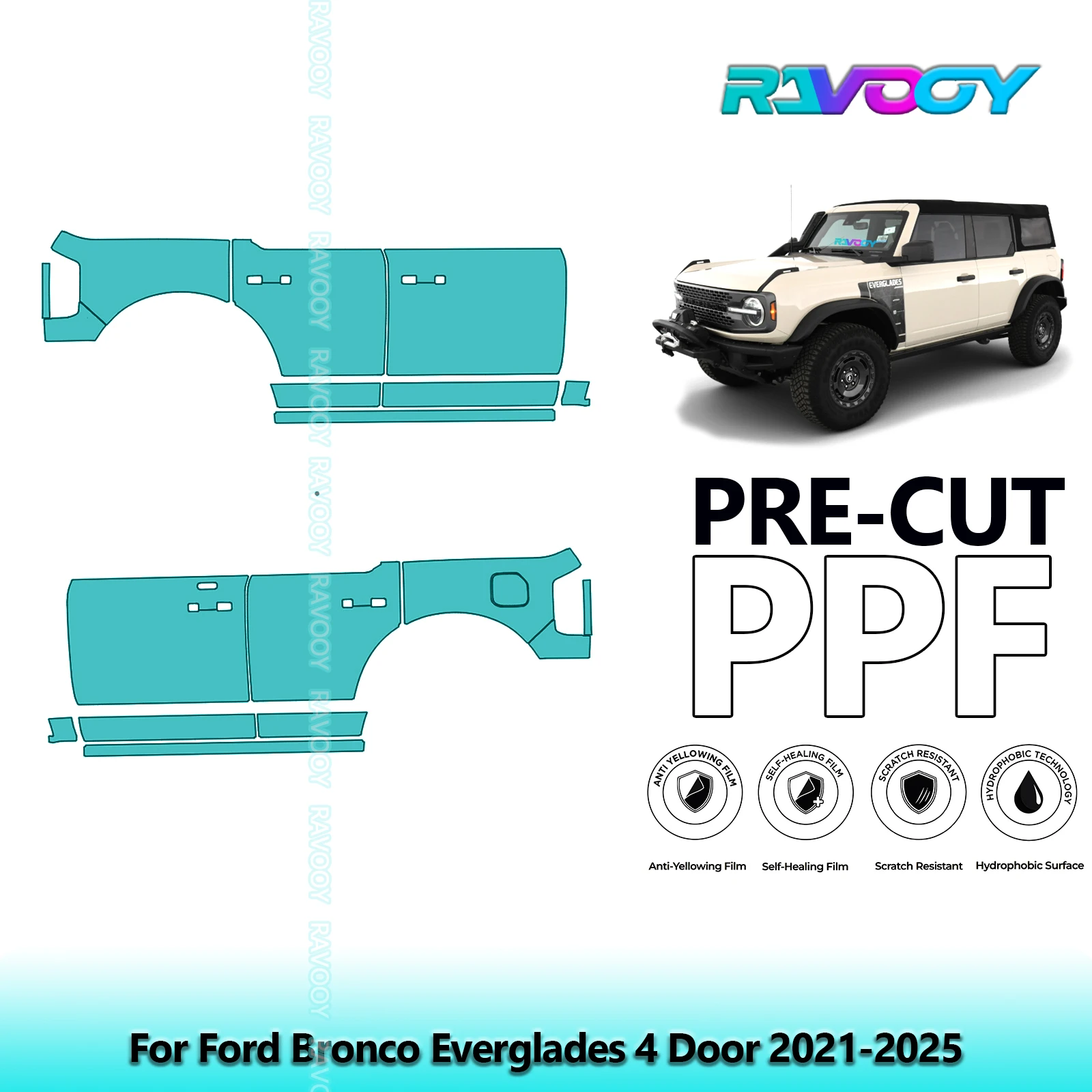 

For Ford Bronco Everglades 4 Door 2021-2025 8.5mil Clear Matte Pre-Cut PPF Door & A/B Pillar Kit TPU Paint Protection Film Set