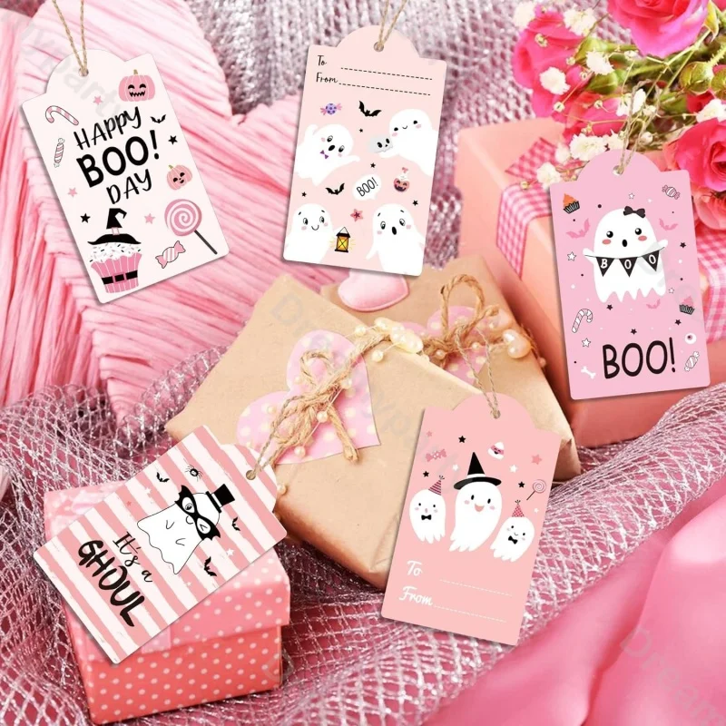 100 Stück mehrfarbige Halloween-Hängeetiketten aus Papier mit Seilschnur, Paket, Ornament, Dekoration, Cartoon-Kürbis, Hängekarte, Requisite ﻿ – Detail 6