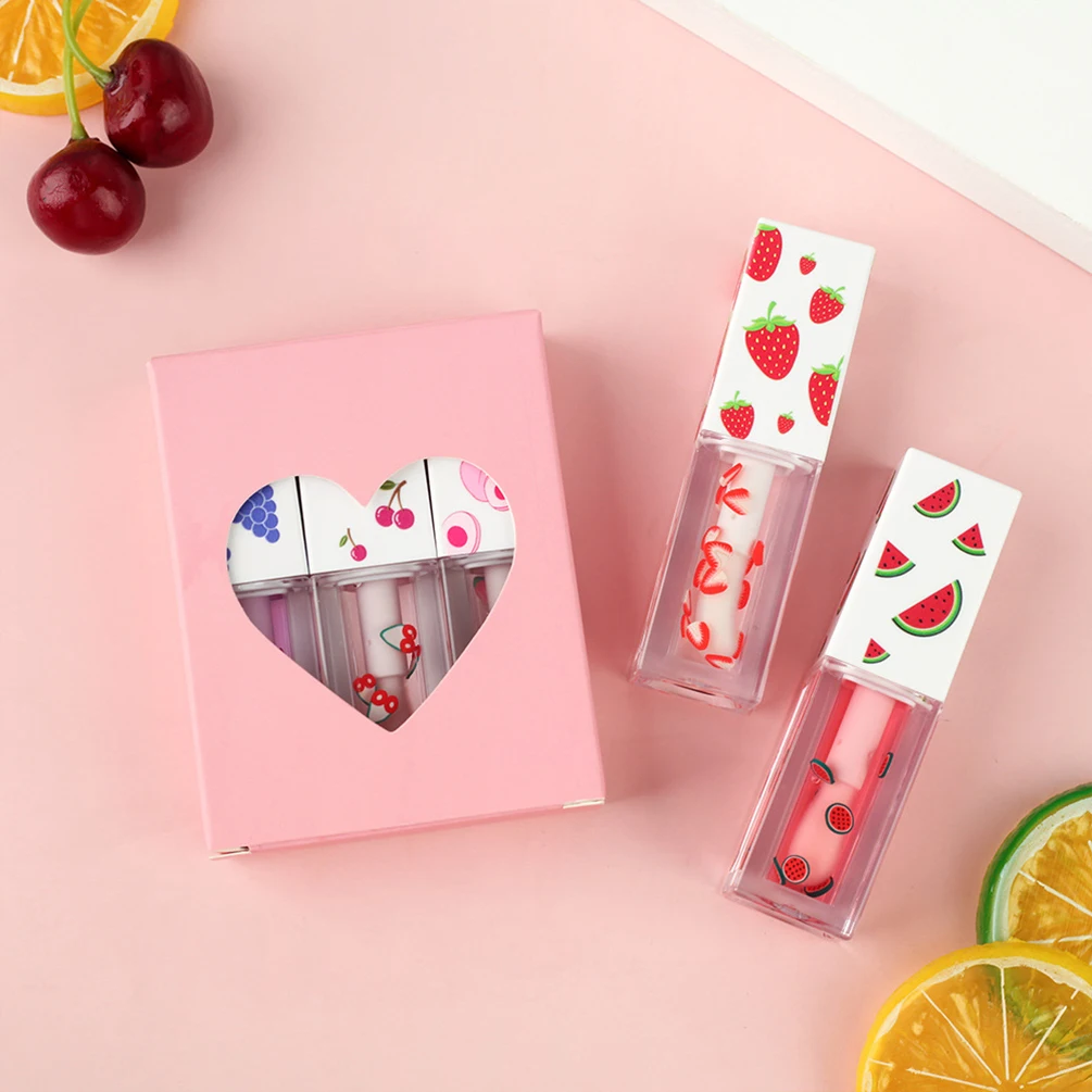 9-color Private Label Lip Gloss Custom Logo 5ml Square Tube Fruit Pattern Lipgloss Dewy Plump Moisturizing Long-lasting Makeup