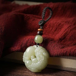 Natural White Jade Pendant Money Drawing Pi Xiu Car Key Ring Men's and Women's High-End Jade Safety Knot Pendant
