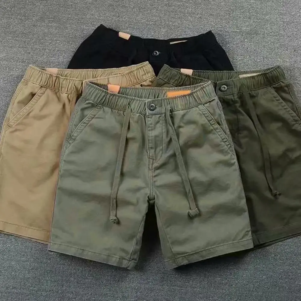 Men Summer Shorts Solid Color Patch-Pocket Drawstring Elastic Waist Half Trousers Cargo Shorts Running Sports Pants Male Garment