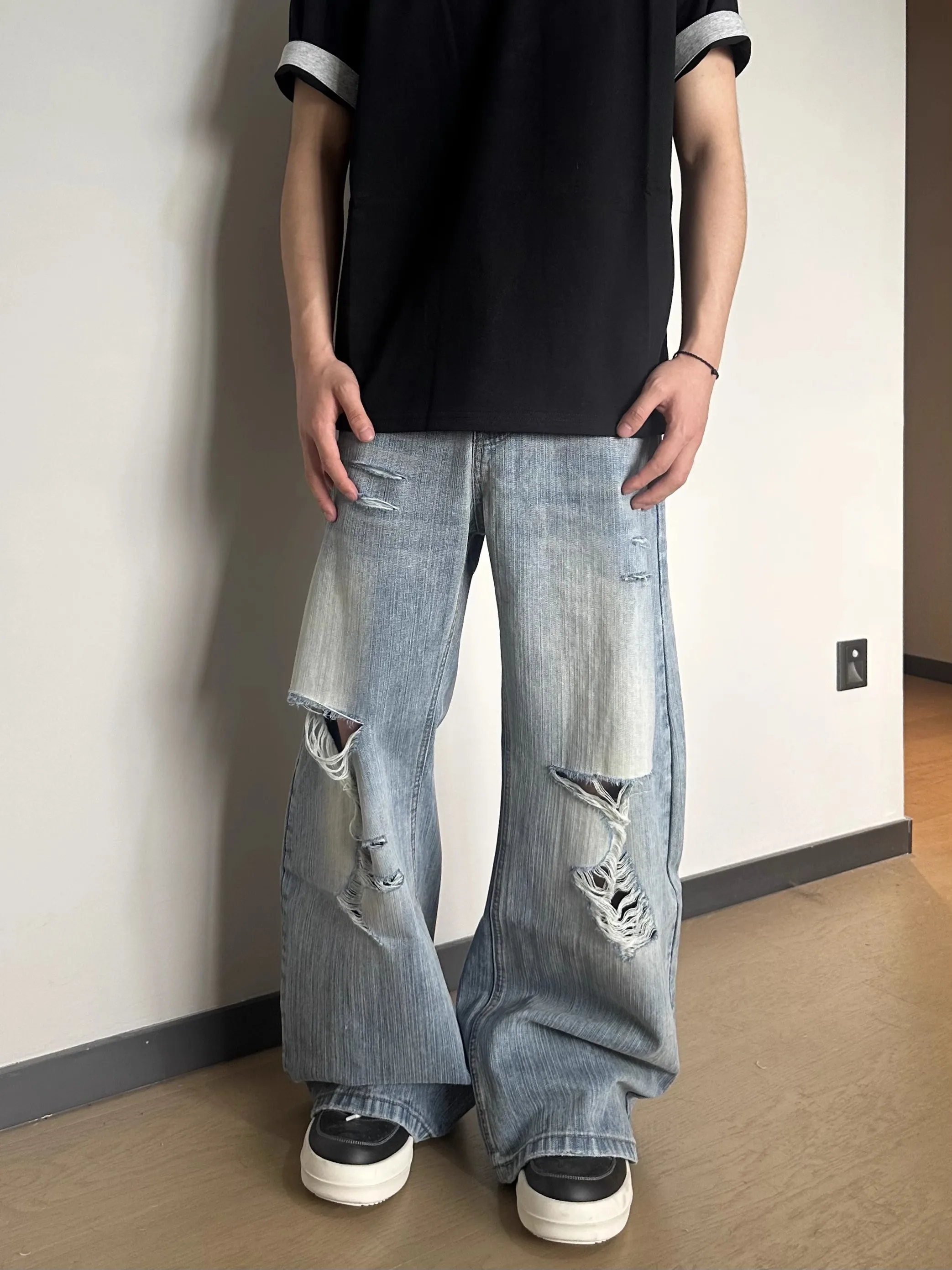 Ретро американские свободные широкие джинсы с дырками из бамбукового волокна для женщин, повседневная одежда, всесезонные длинные брюки с высокой талией