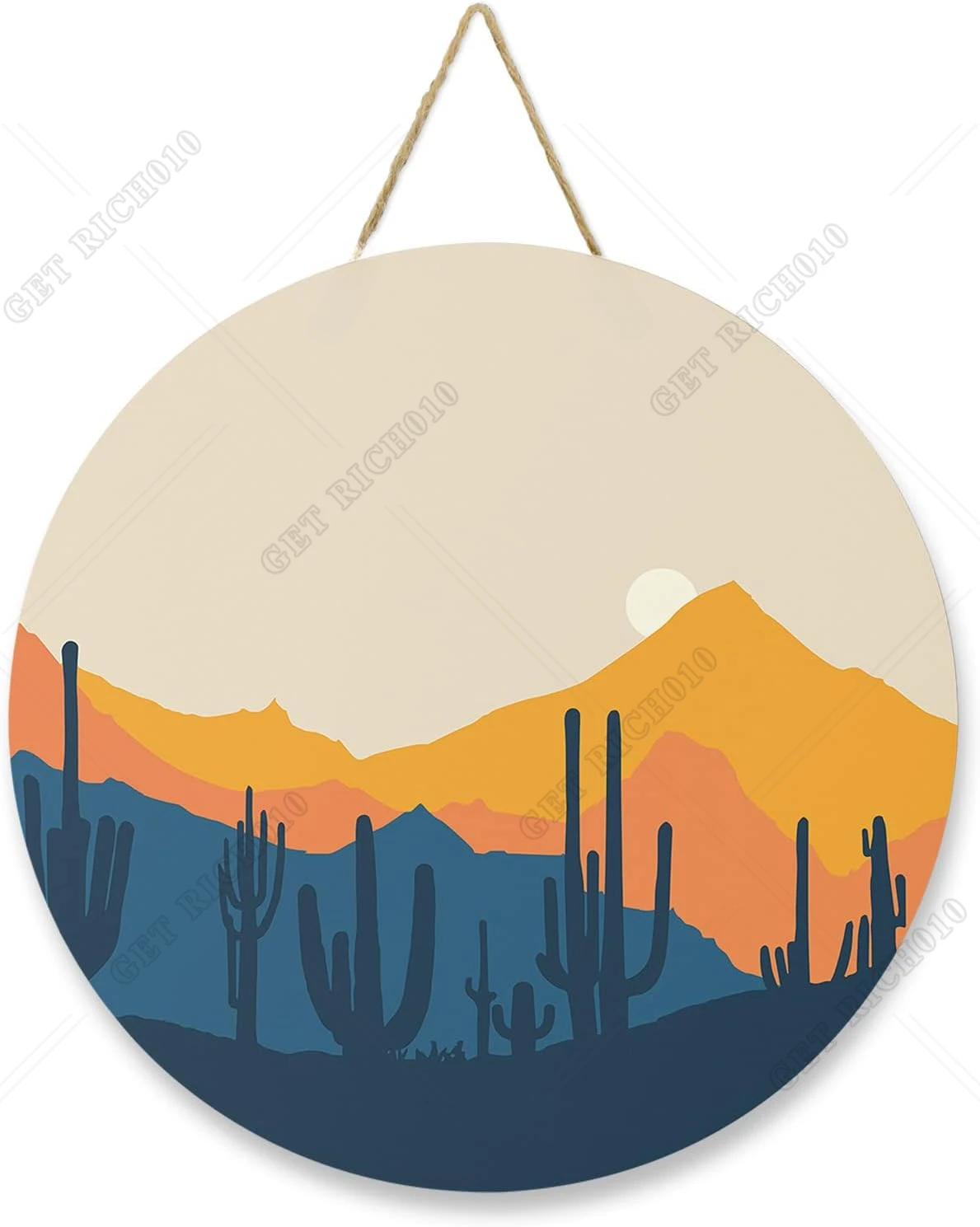 

Welcome Sign for Front Door Cartoon Cactus and Mountains Wooden Wreath for Front Door Home Wall 12in Sunset Desert Round