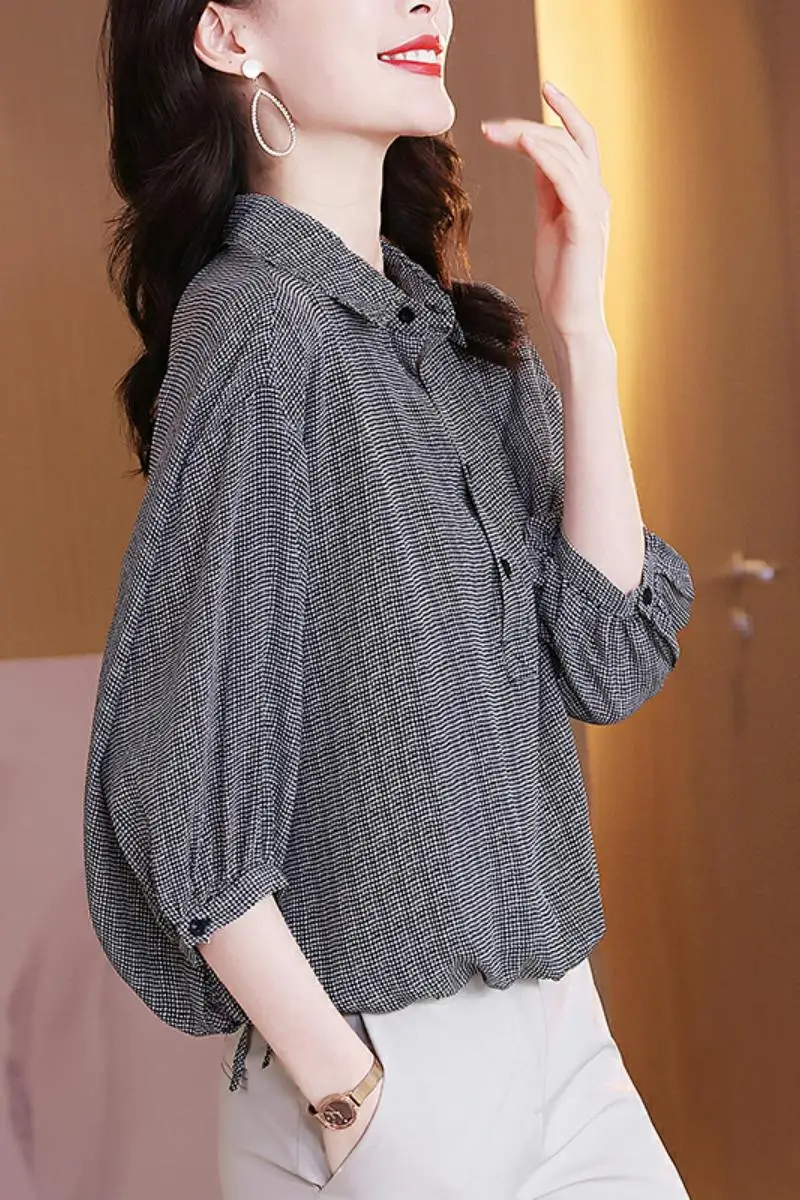 Silk irt Women's Spring Autumn Plaid Design Sensation Small ence  Silk Top  Collar Seven Sve Regular Length