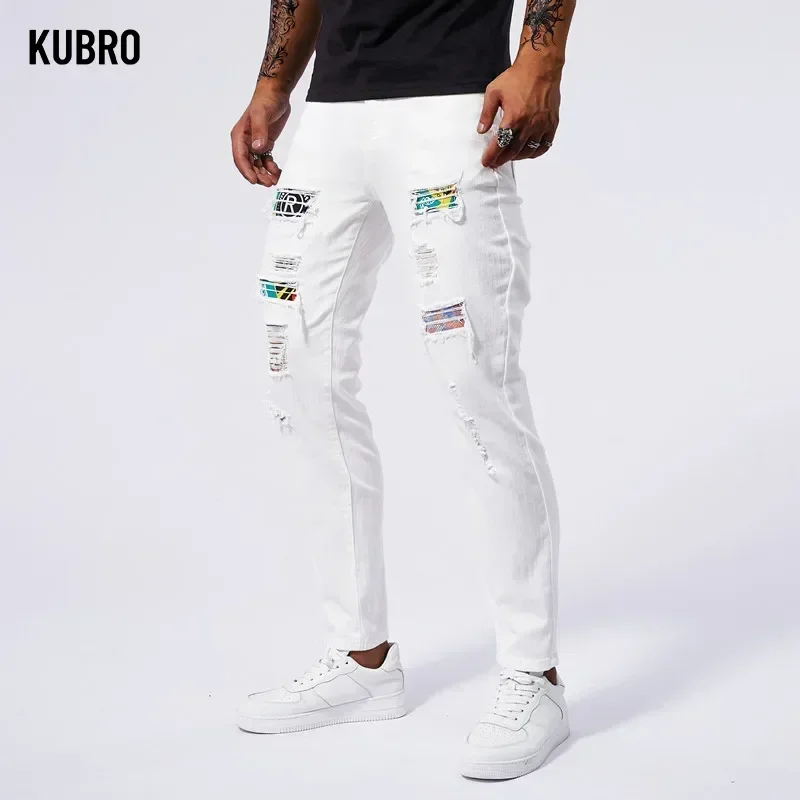 KUBRO New Ripped Slim Jeans Men White 97% Cotton Patchwork Fashion Hole Elasticity Skinny Denim Trousers Male Streetwear