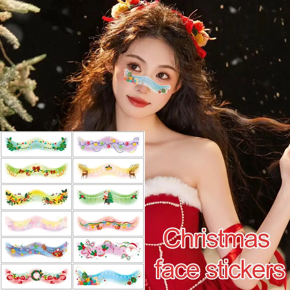 Autocollants de visage de noël, cloches, nœud, cœurs, étoiles, rubans, tatouage de fête, accessoires de taches de rousseur, autocollants temporaires imperméables, maquillage A5S5