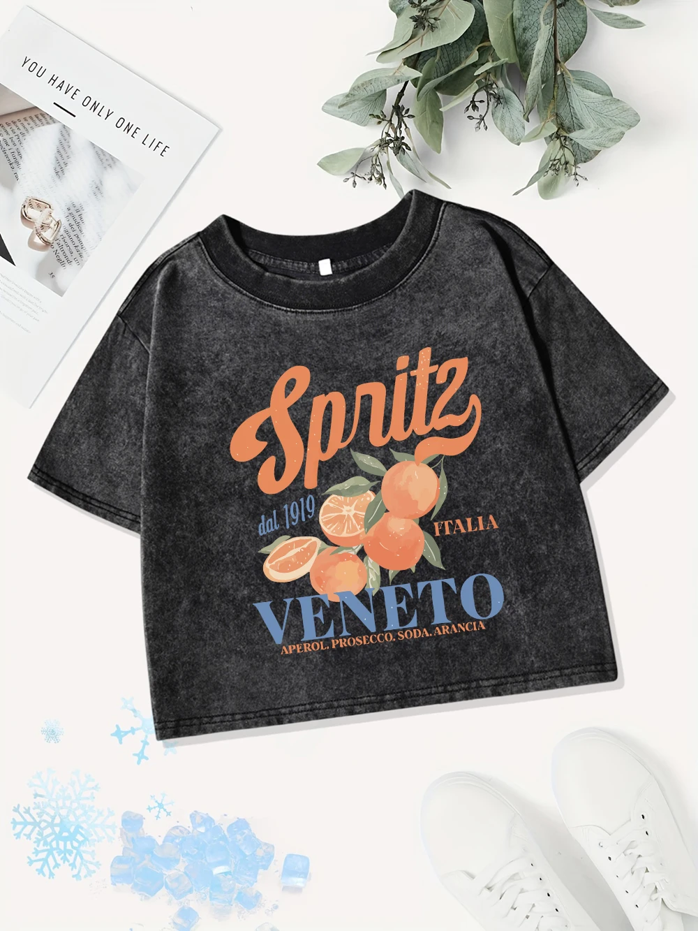 

Летние хлопковые укороченные топы, женские Spritzy Veneto, оранжевые фрукты, стираная футболка, уличные футболки обычного кроя с круглым вырезом, одежда Y2K