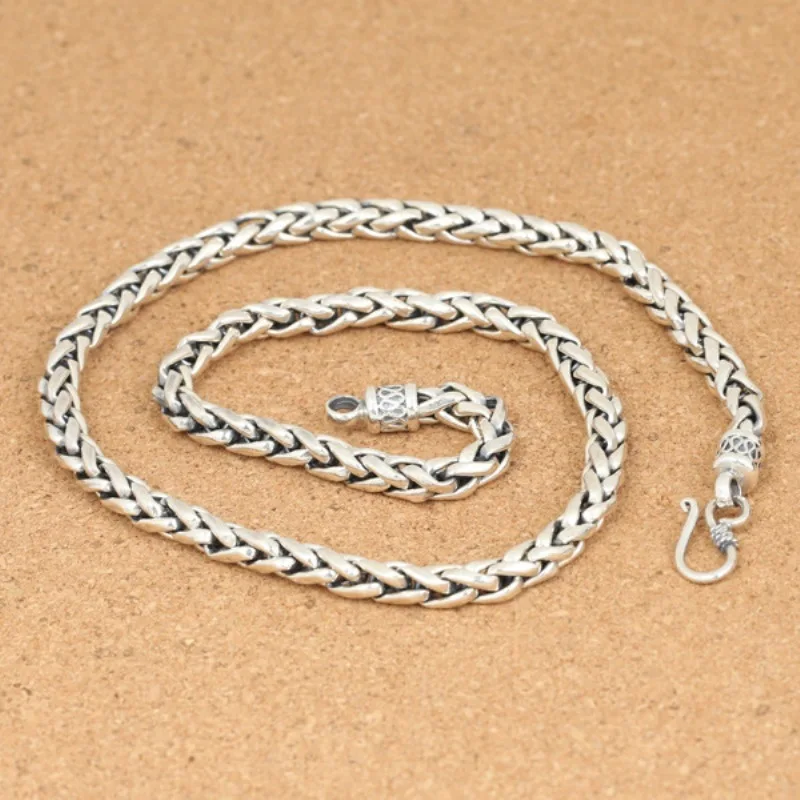 

Real Solid 925 Sterling Silver Chain Men 6mm Wheat Braided Necklace 47-62g /50-65cm