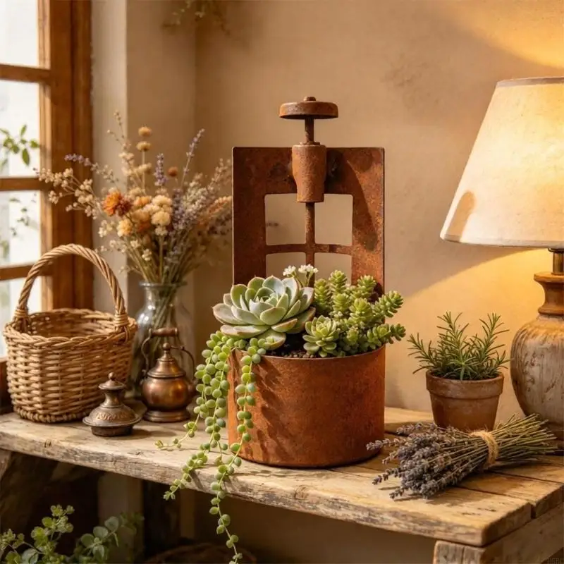 Rusty Brown Iron Planter Plant Pot with Decorative Faucet and Cylindrical Lower Container for Arranging Flowers, Foliage,