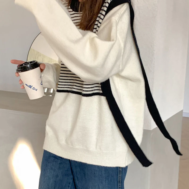 Pullovers Women Sweater Striped Simple O-neck Elegant Loose Preppy Students Clothing Tender Basic Warm Design New Arrival Chic