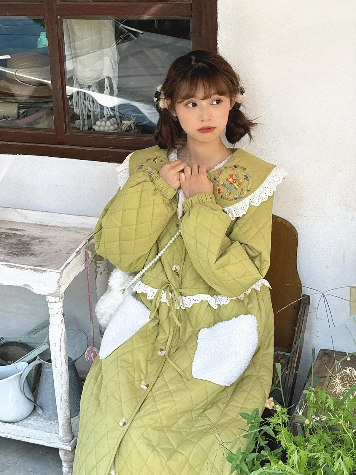 Women Lace Embroidery Sweet Cottagecore Cotton Liner Winter Long Quilted Green Coat Vintage Kawaii Lolita Retro Chic Korean Coat