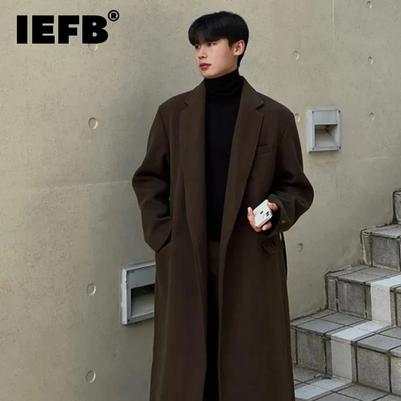 IEFB Korean Fashion Thickened Male Windbreaker Turn-down Collar Belt Design Solid Color Knee Length Men Outerwear Autumn 9C4854