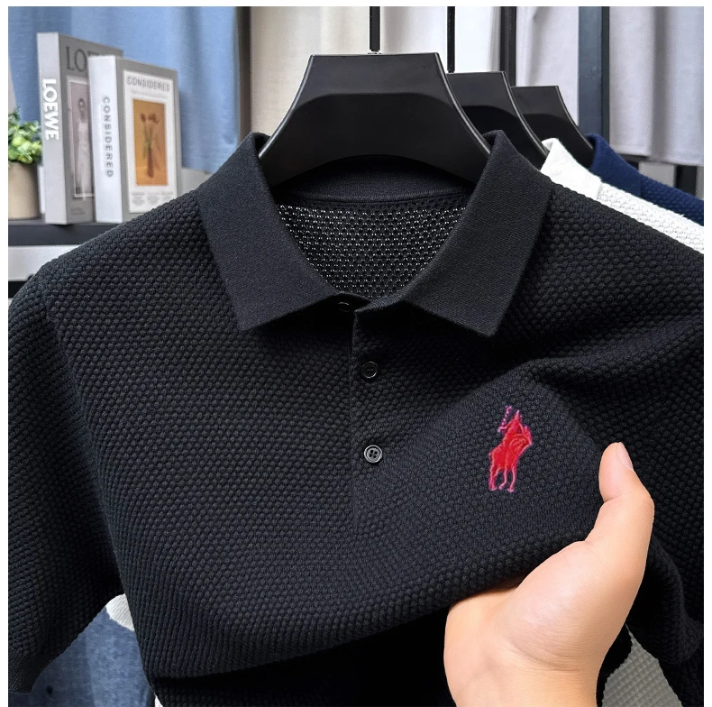 تي شيرت قطني بياقة 2025 صيفي فضفاض للأعمال بأكمام قصيرة وتطريز كاجوال للرجال