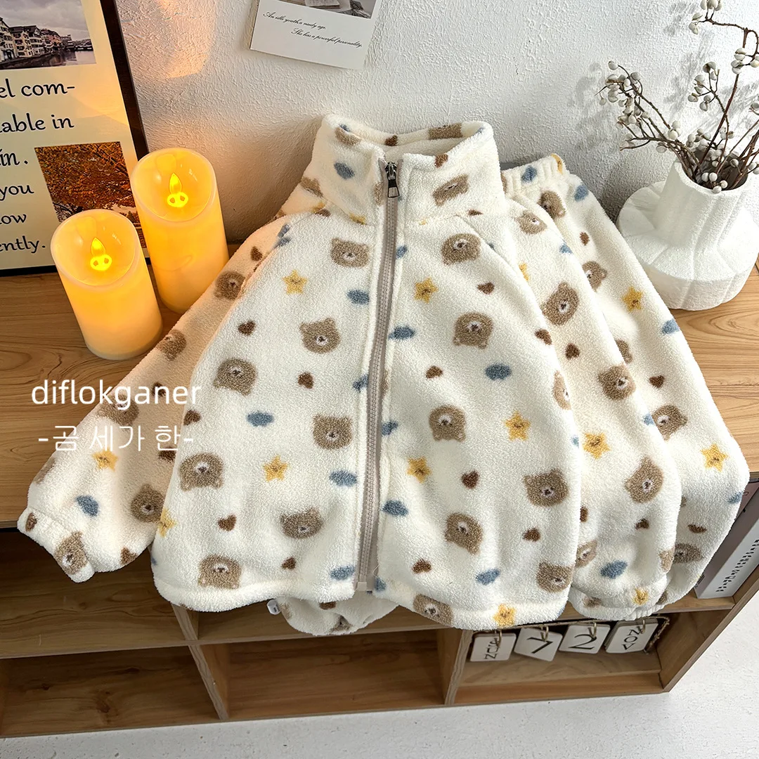 Kids Winter Thicken Warm Soft Flannel Pajamas Sets Baby Cartoon Panda Bear Zipper Coat with Pants Boys Girls Casual Pyjamas
