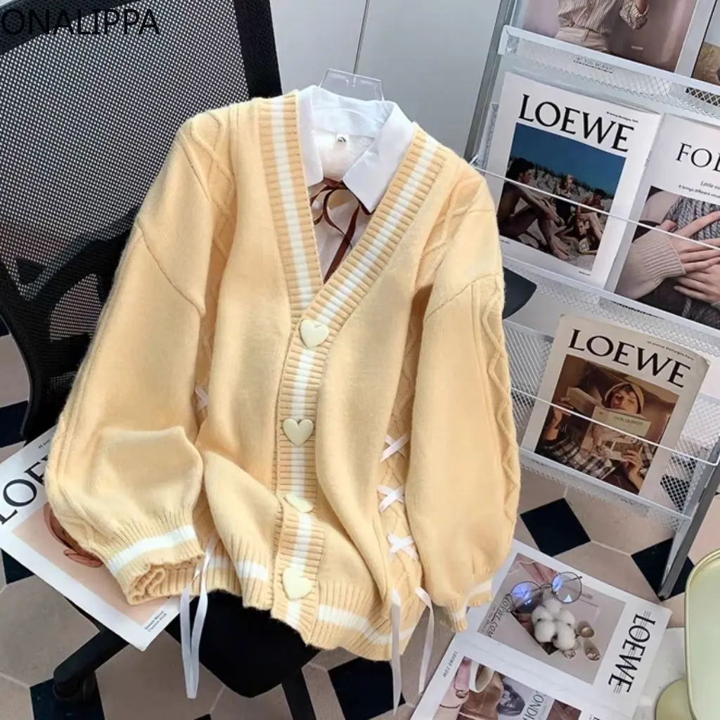 Onalippa Cardigan oversize dolce con coulisse Bottoni a forma di cuore a righe a contrasto Cardigan lavorato a maglia Maglione stile slouchy da donna