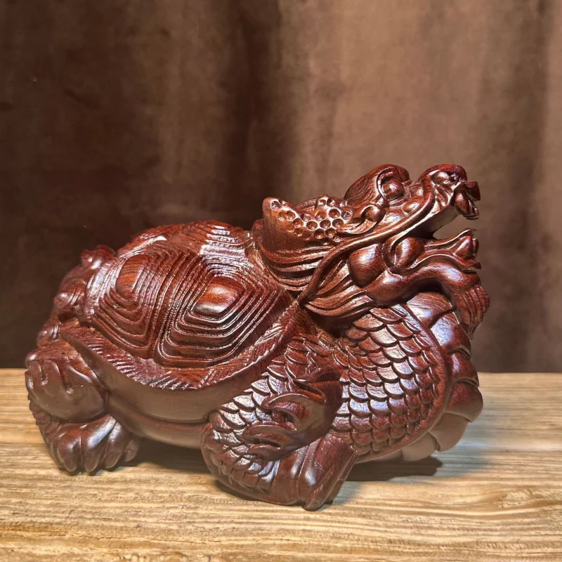 Black Ebony Carved Dragon Turtle Ornament Solid Wood Carving Wealth-Attracting Home Office Desktop Decoration Gift Craft