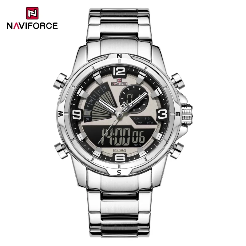 NAVIFORCE Men's Multifunctional Double-Display Watch with Date Stainless Steel Watchband LED luminous mode 3ATM waterproof Watch