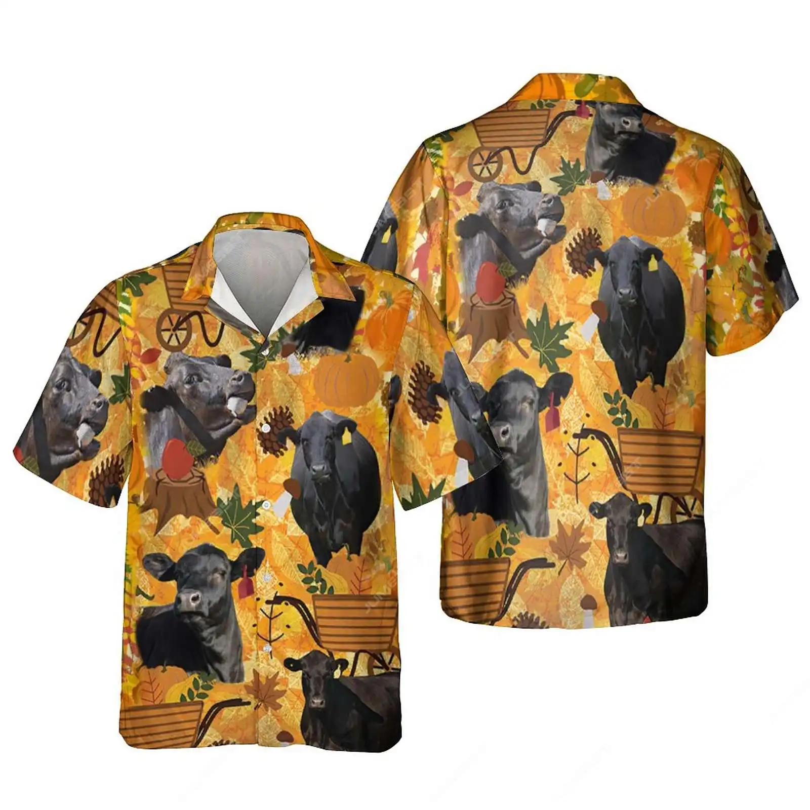 Jumeast Black Red Angus Aloha Men Shirts Tropical Flowers Farm Highland Leaves Longhorn Cattle Beach Hawaiian Blouses Clothes