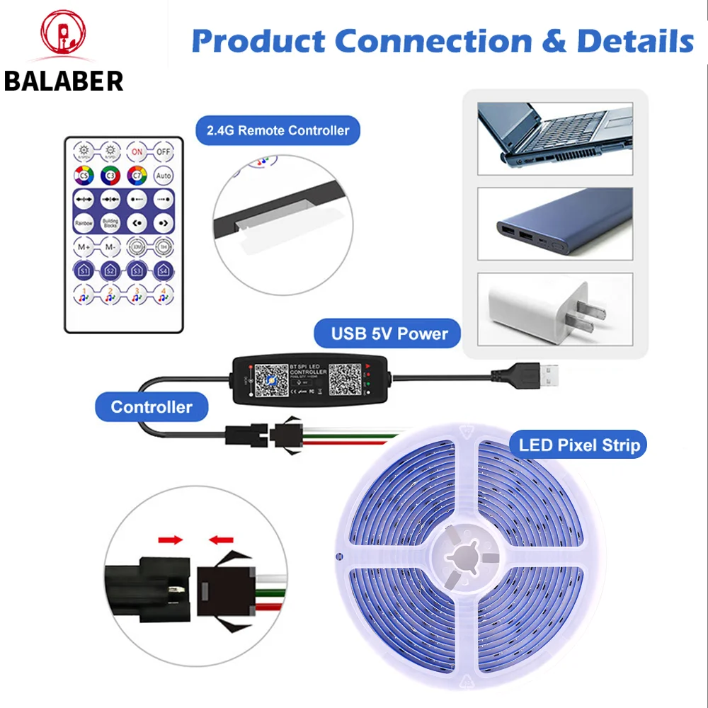 5 فولت RGB COB قطاع WS2811 بلوتوث وحدة تحكم ذكية APP التحكم 720 المصابيح/م الصوت المنشط وأوضاع الموسيقى تشغيل/تأثيرات الشلال