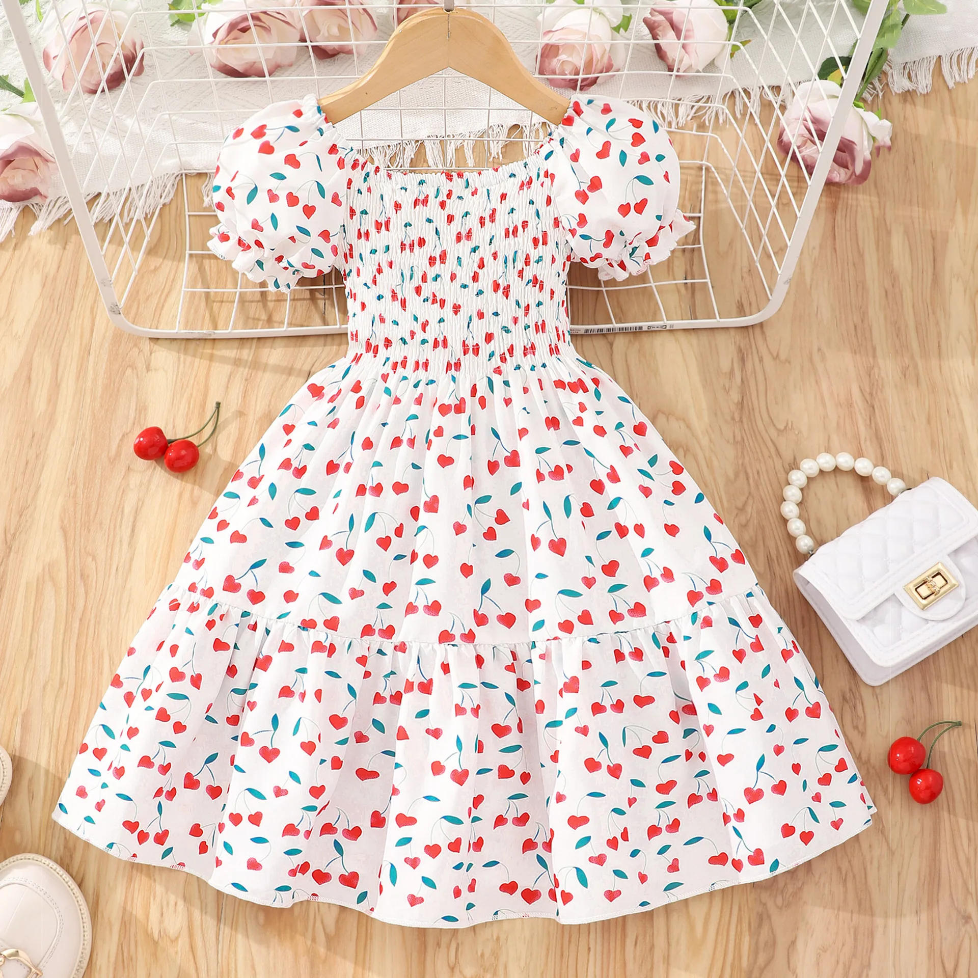 

Girls' Clothes Fresh Style Love Print Short Sleeve Dresses