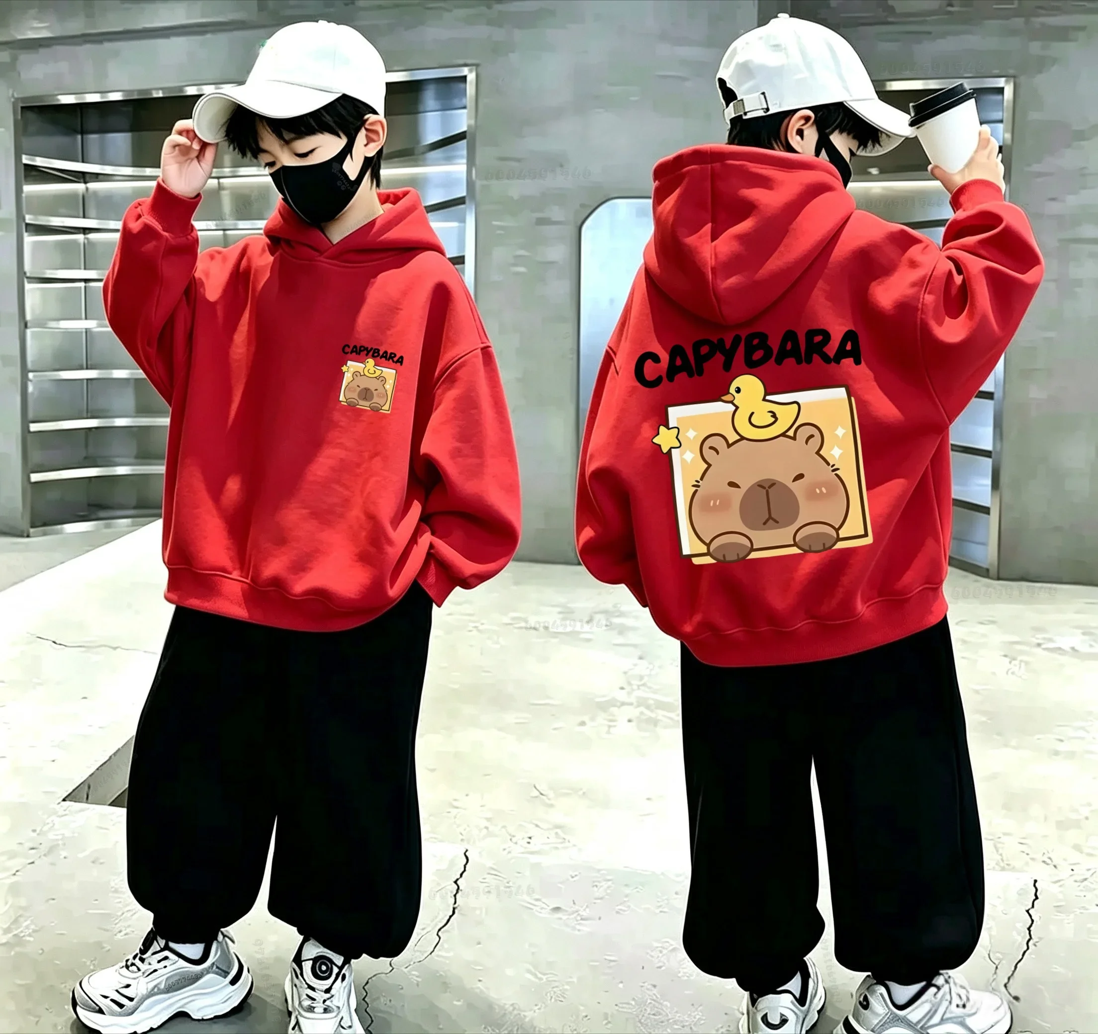 Trend Cartoon Otter Duck Pattern Printed Children's Hooded Sweatshirt for Autumn/Winter Boys and Girls Casual Pullover Sweater