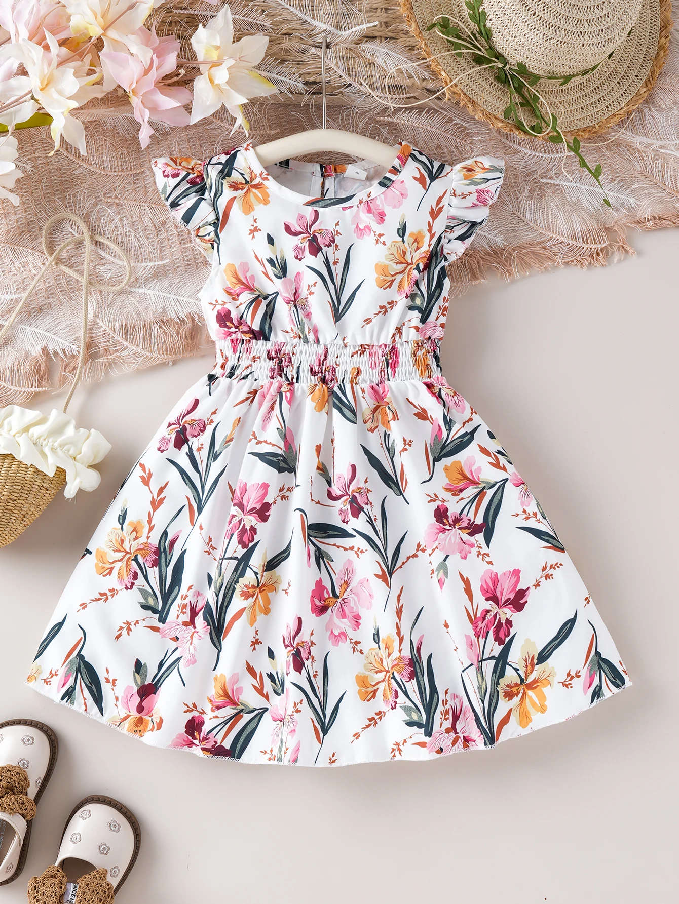 

Summer Ladylike Elegant Floral Pattern Small Flying Sleeves Waist Dress for Girls Aged 4-7 Years Old