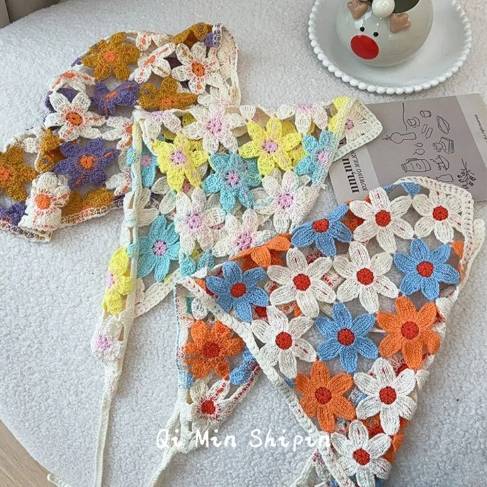 Multicolor Knitting Flower Headband French Retro Pastoral Style Triangular Turban Scarf Travel Beach Little Daisy