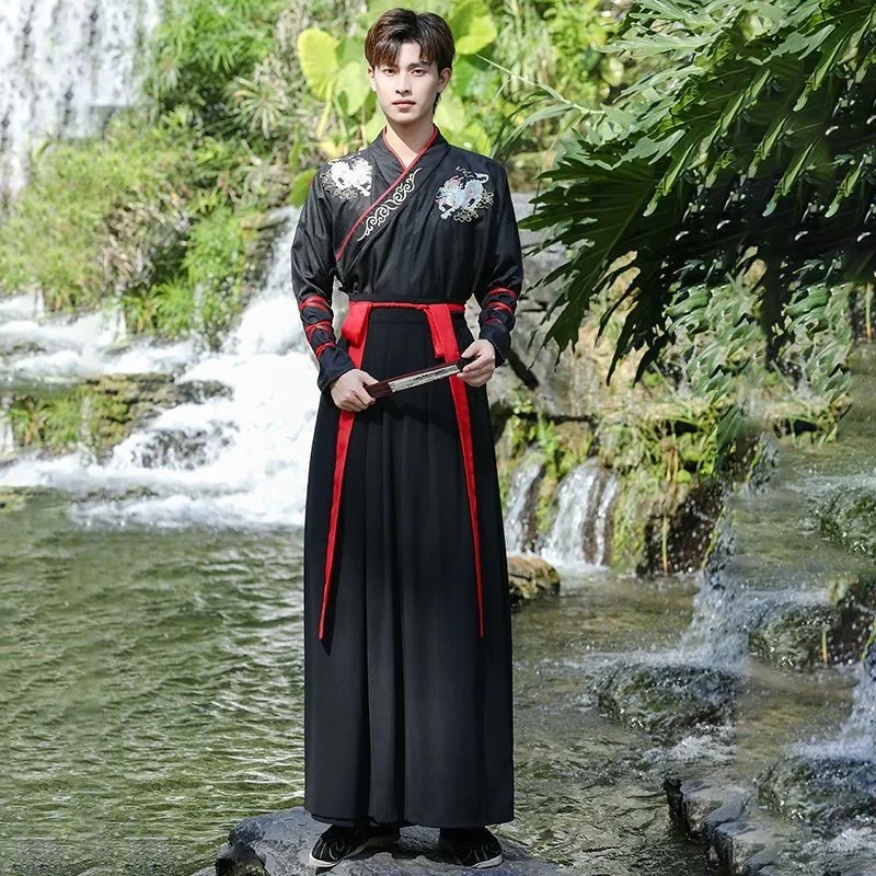 

Древнее китайское платье Hanfu, мужские традиционные платья с вышивкой, китайский стиль, боевые искусства, карнавальный костюм, кимоно, студенческая форма