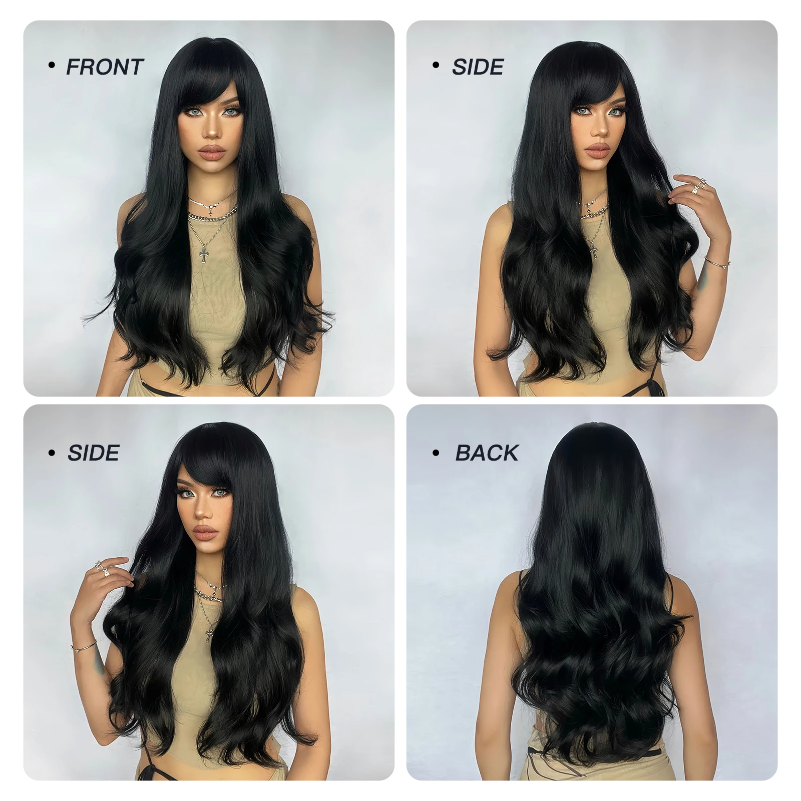 ALAN EATON Long Black Synthetic Wigs with Bangs Natural Wavy Wig for Women Daily Party Natural Looking Hair Heat Resistant Fiber