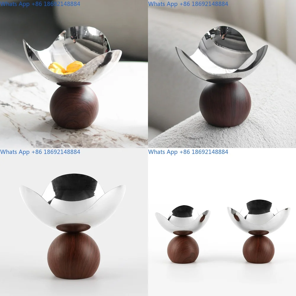 

Metal Wood Grain Finish Round Base Fruit Bowl Home Decor Accessory