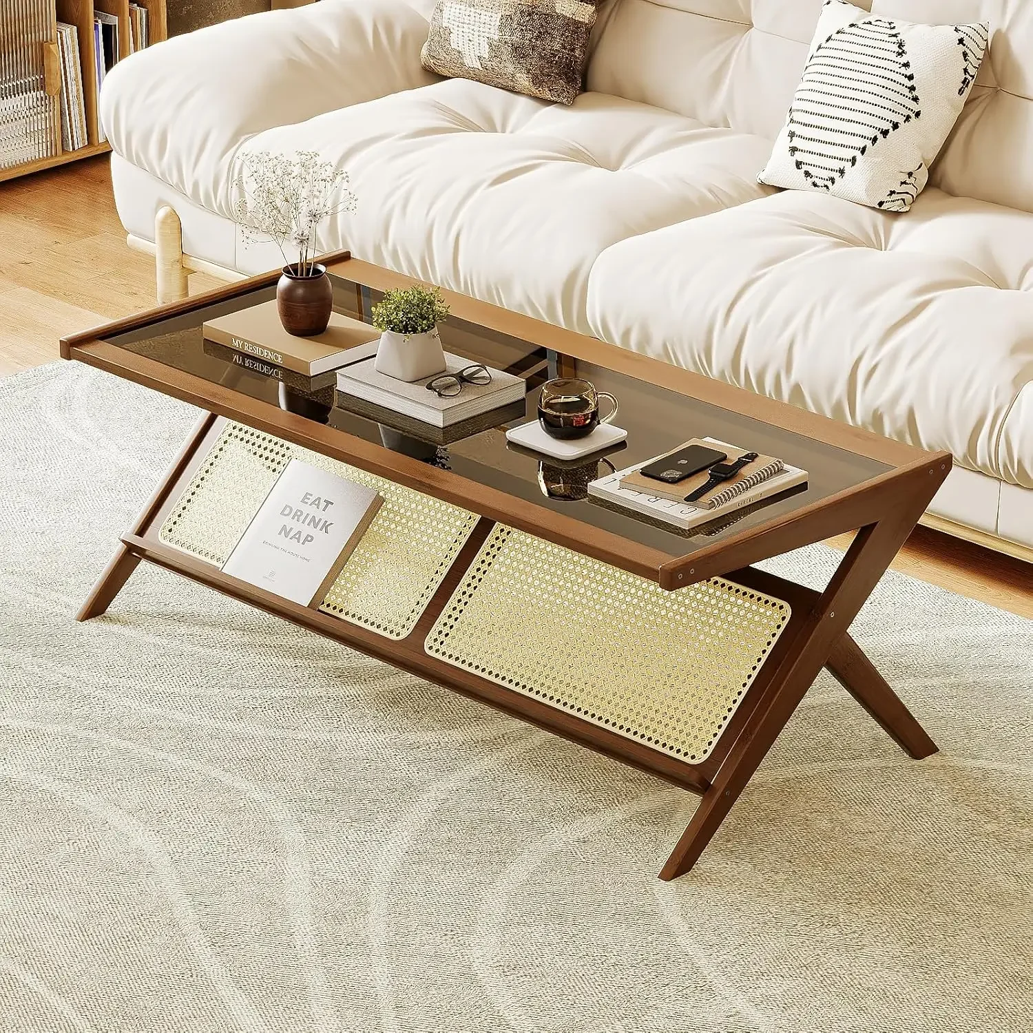 Mid-Century Modern Coffee Table with Glass Top Rattan Center Table with Storage for Living Room Table Brown