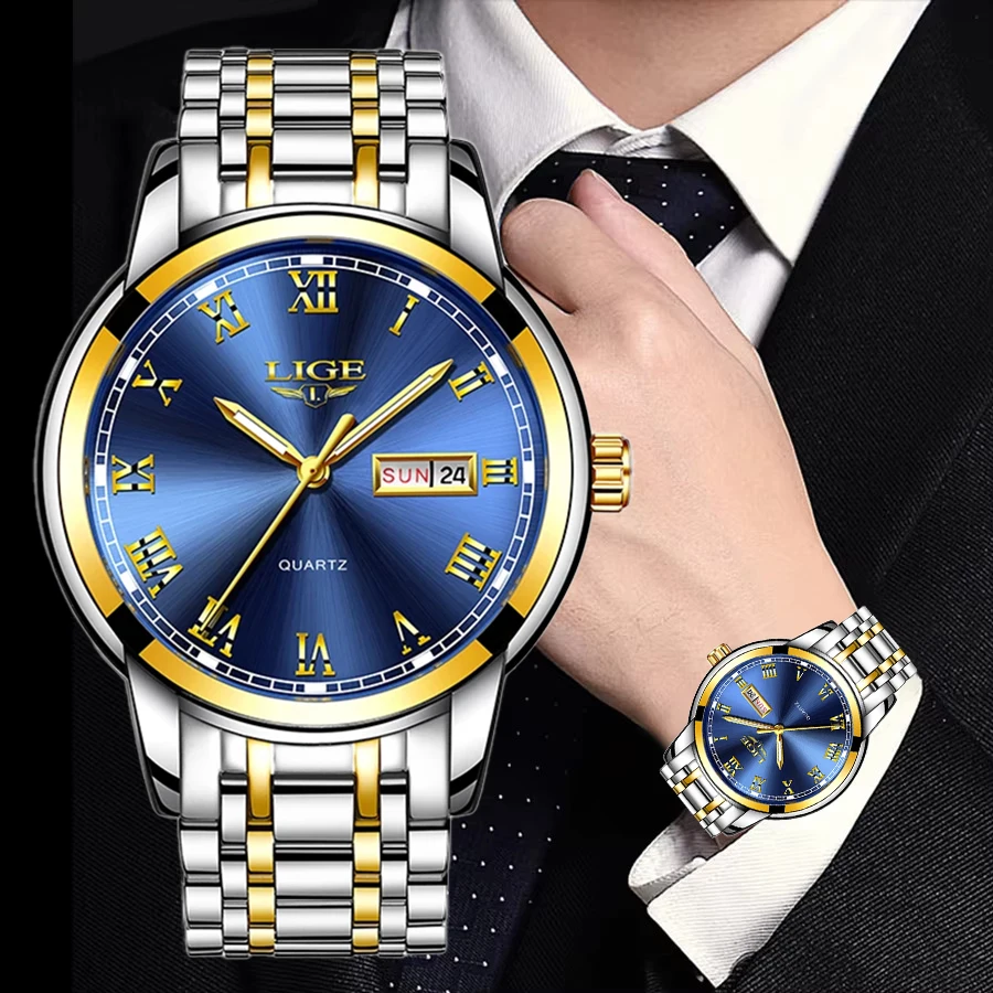 New Fashion LIGE Watch Retro Luxury Classic Auto Date Week Steel Belt Waterproof Casual Sport Clock Quartz Watches for Man Reloj