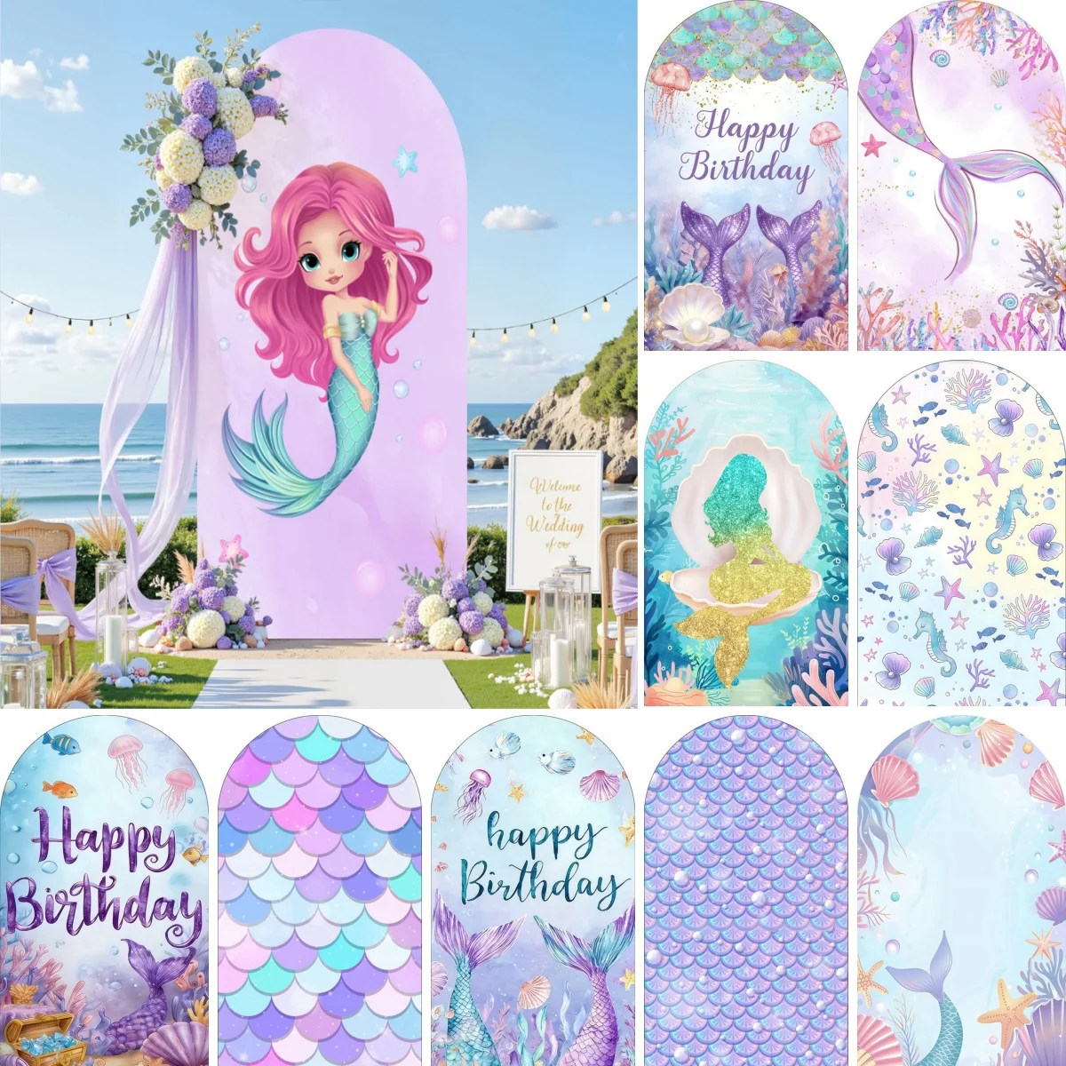 Mermaid Princess Arch Cover Background for Girl Birthday Baby Shower Underwater World Sparkling Fish Scale Coral Arched Backdrop